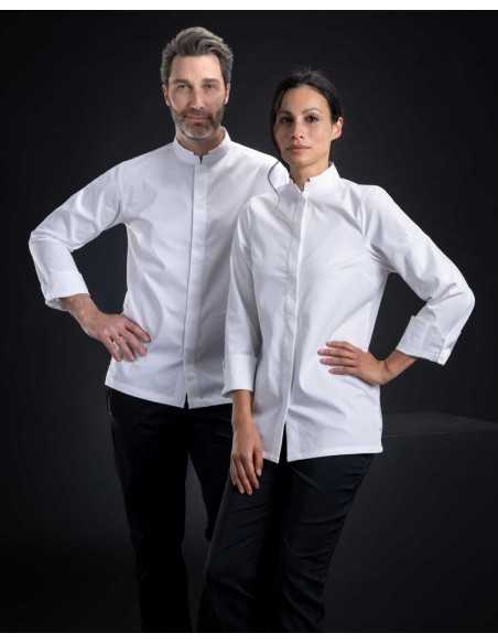 Giacca da Cuoco Bianca FOX con Collo alla Coreana – Traspirante ed Elasticizzata