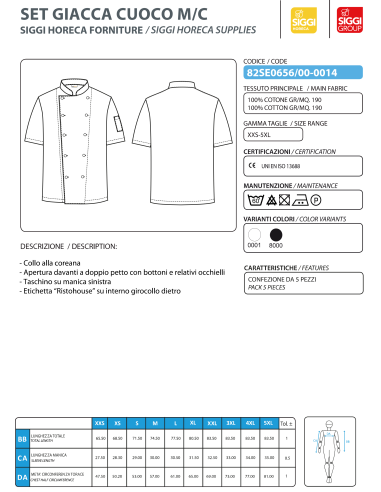 Giacca da Cuoco Nera 100% Cotone 190 g/m²...