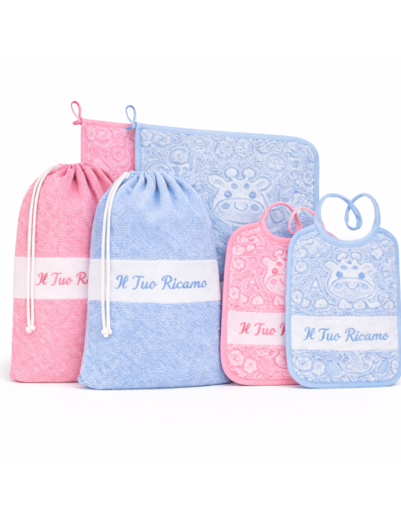 Kit Asilo 100% Cotone con Ricamo Personalizzato – Sacca, Bavaglino e Asciugamano