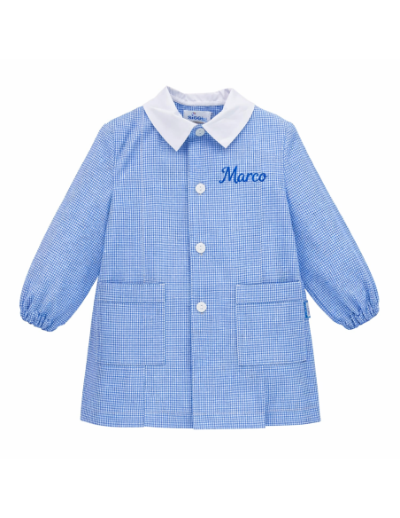 Grembiule scuola materna asilo Siggi bambino personalizzato con nome ricamato quadrettato bianco azzurro