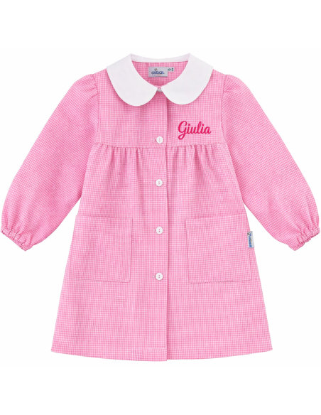Grembiule scuola materna asilo Siggi bambina personalizzato con nome ricamato quadrettato bianco rosa
