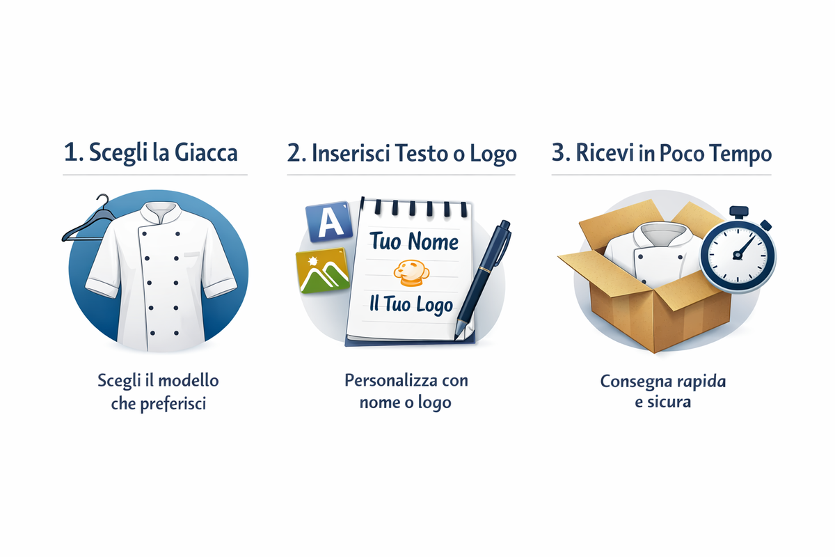 Step personalizzazione: scegli giacca, inserisci nome o logo, ricevi in pochi giorni
